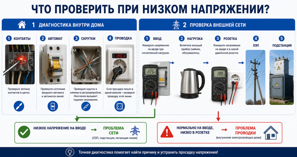 Что проверить, если напряжение в сети низкое? Что проверить, если напряжение в сети низкое? картинка