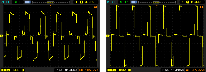 Показания осциллографа 1 после подключения нагрузки, справа - при отсутствии нагрузки картинка