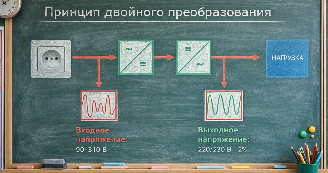 Принцип двойного преобразования в инверторном стабилизаторе картинка